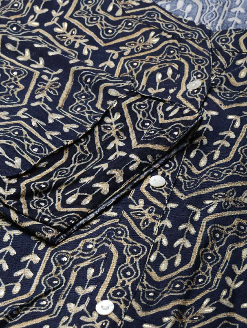 navy foil printed a-line kurta - 20252503 - Standard Image - 6