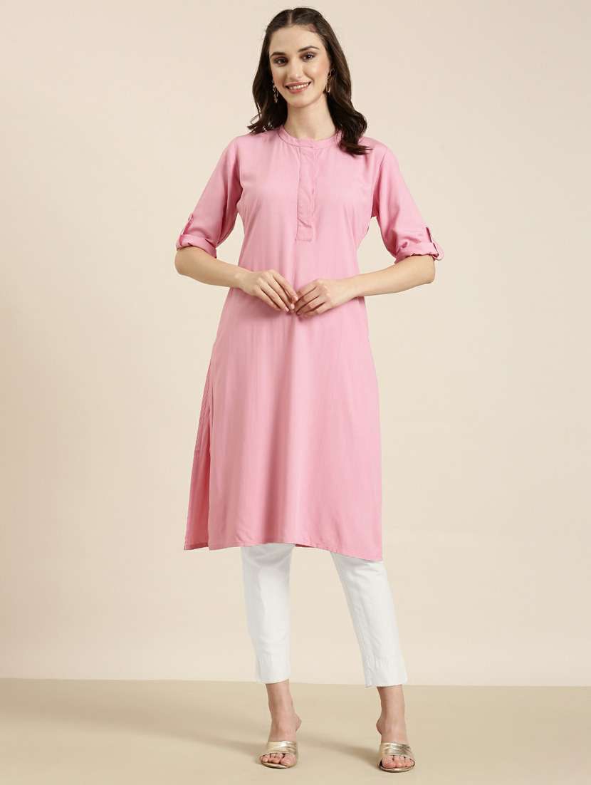 women pink solid straight kurta