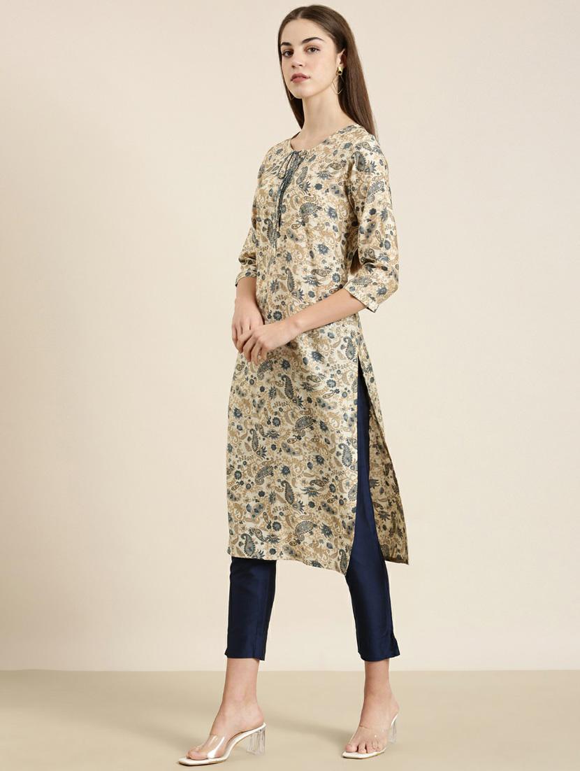 beige paisley straight kurta - 20252525 - Standard Image - 1