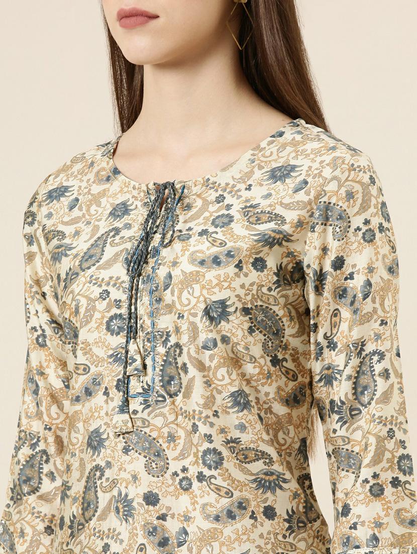 beige paisley straight kurta - 20252525 - Standard Image - 4