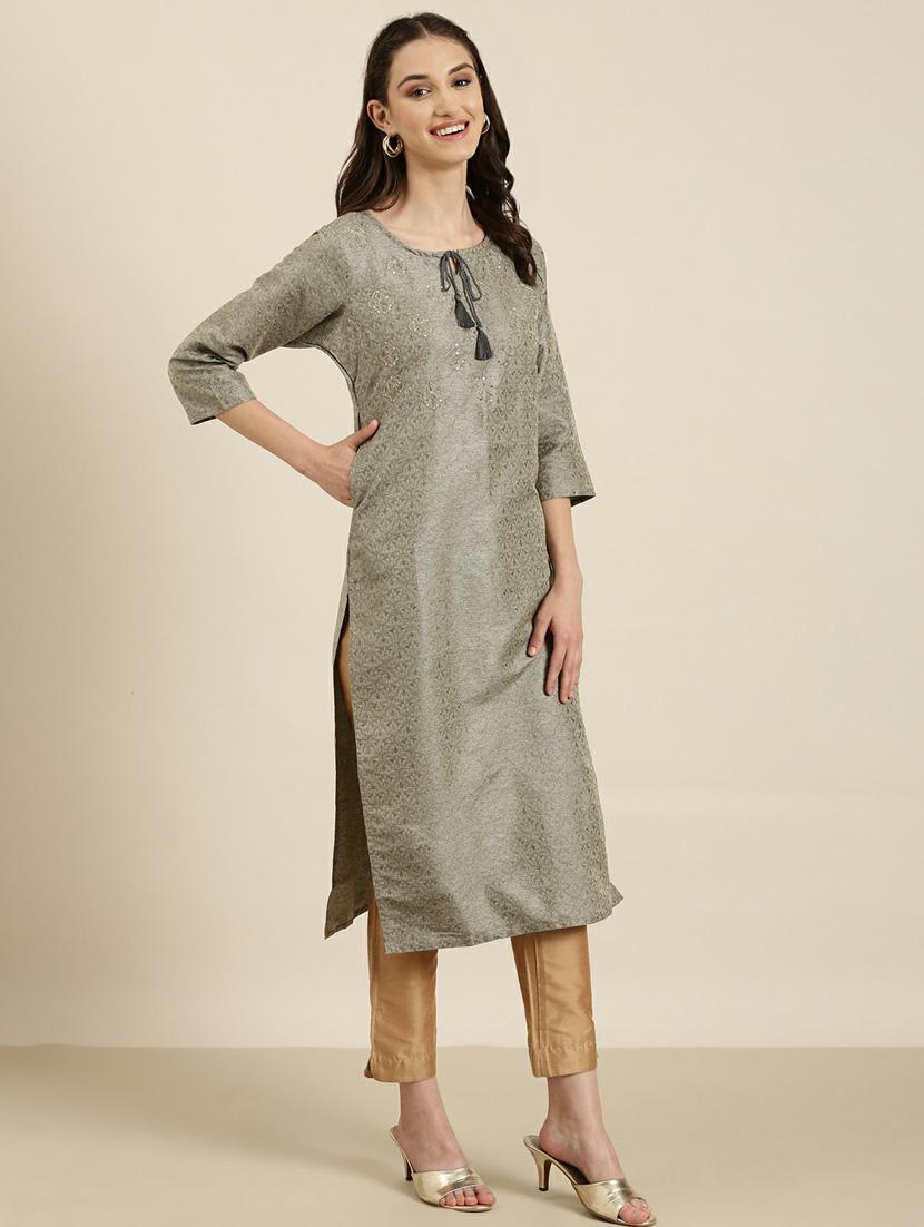 olive sequin work straight kurta - 20252534 -  Standard Image - 1