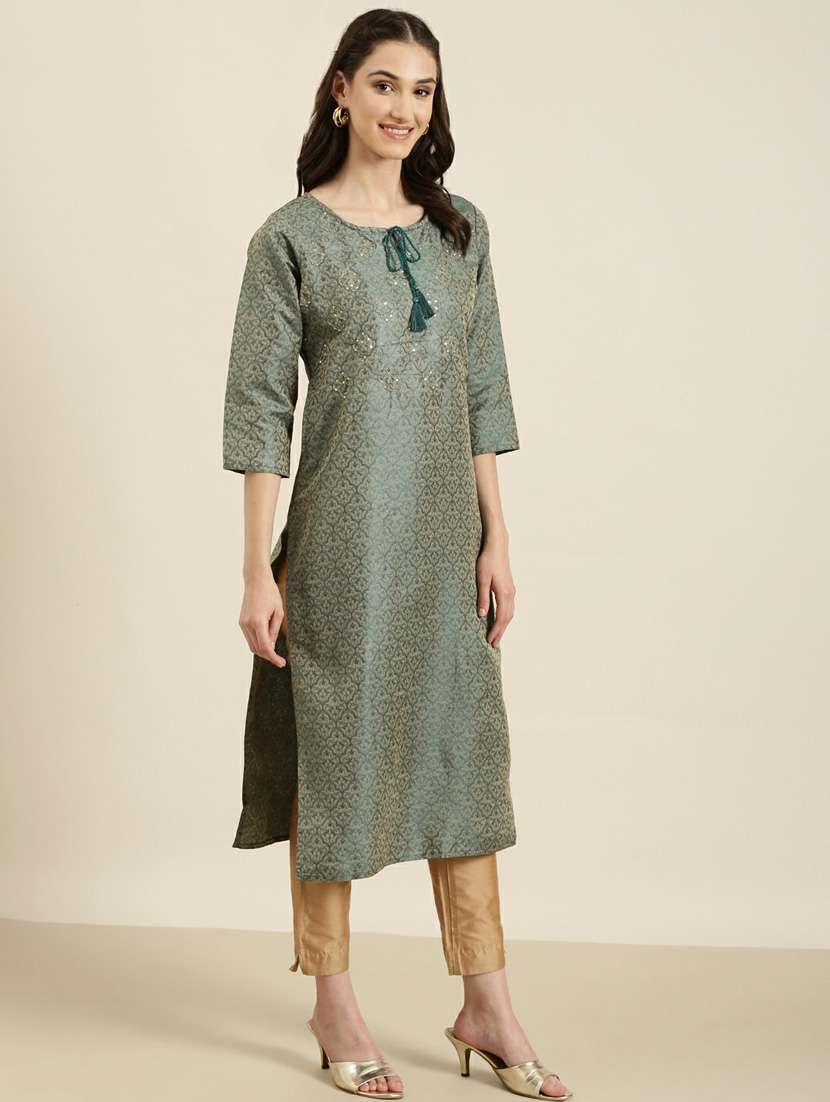 teal sequin work straight kurta - 20252535 -  Standard Image - 1
