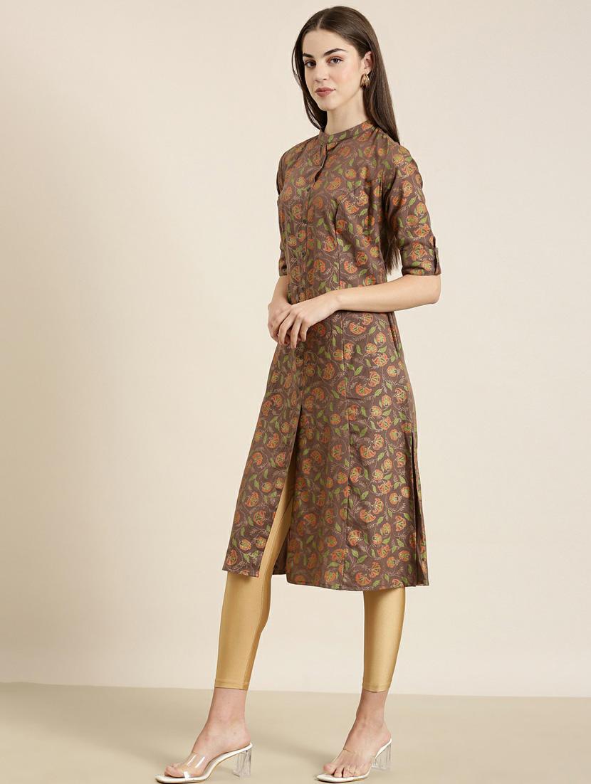 brown floral a-line kurta - 20252536 - Standard Image - 1