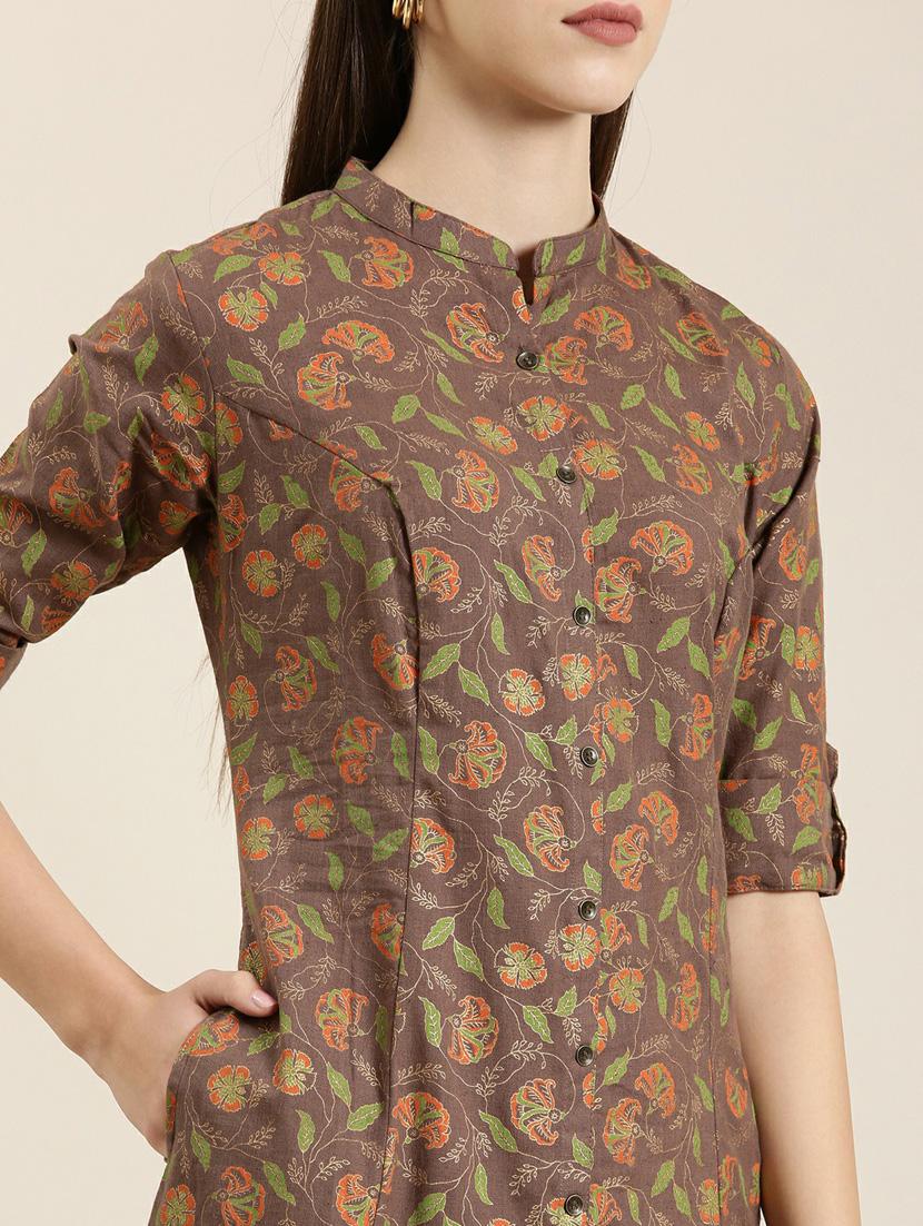 brown floral a-line kurta - 20252536 - Standard Image - 4