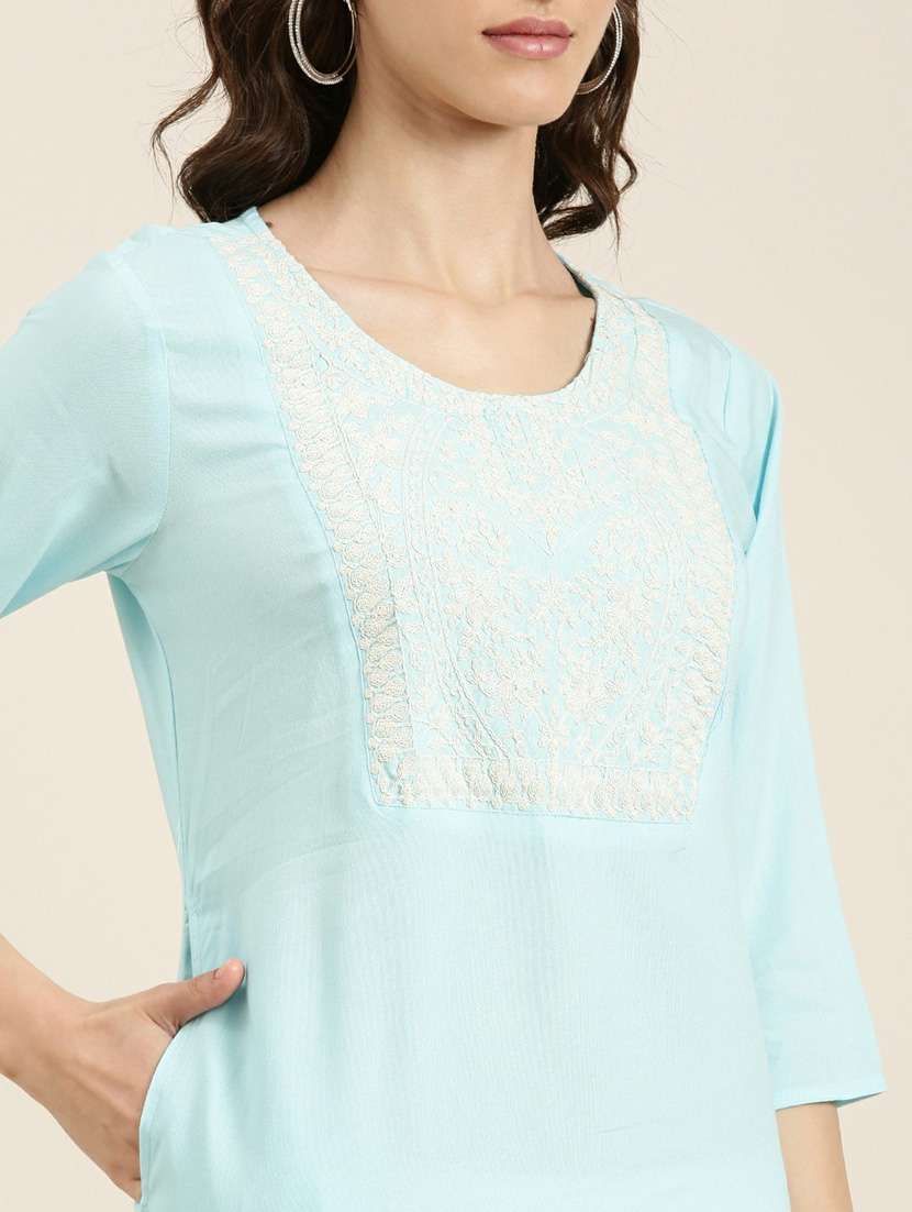 blue embroidered straight kurta - 20252537 -  Standard Image - 4