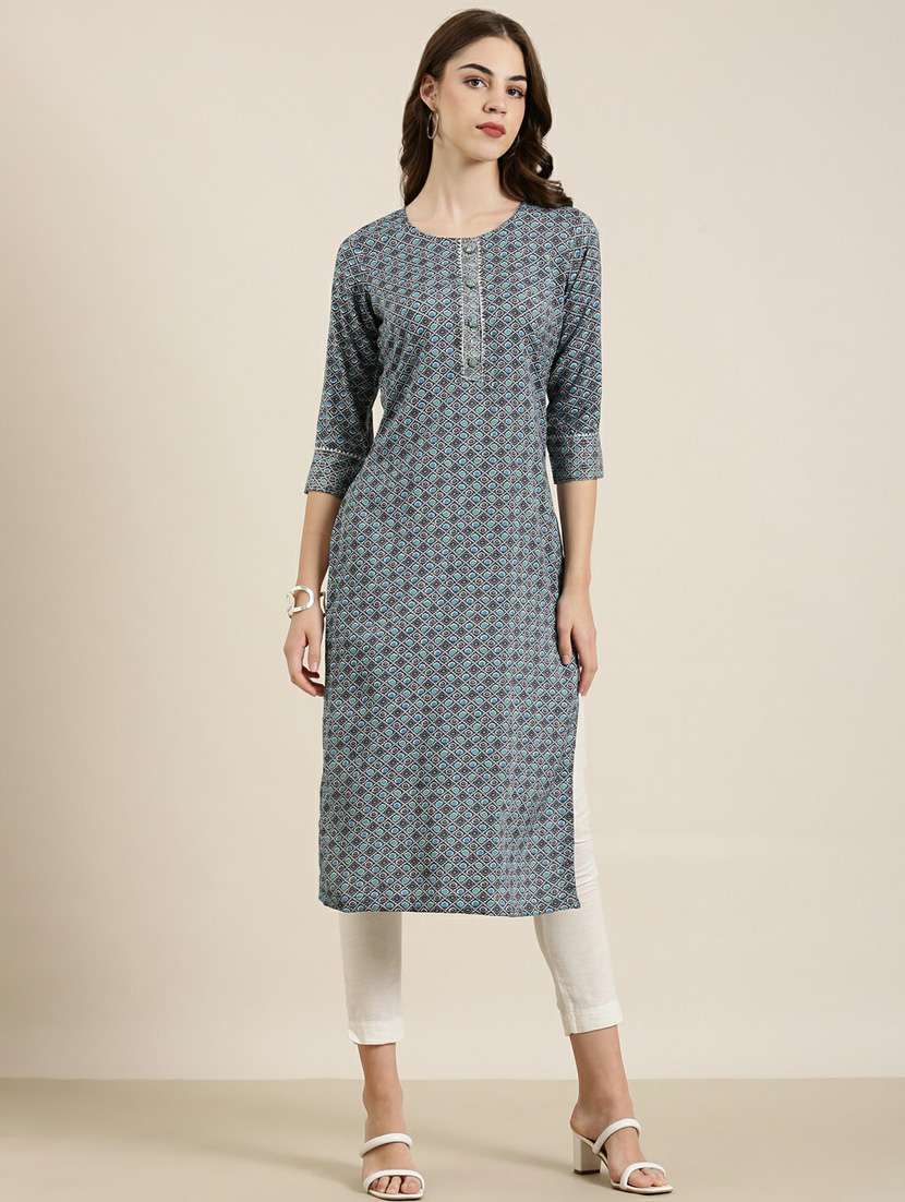 blue bandhani printed straight kurta