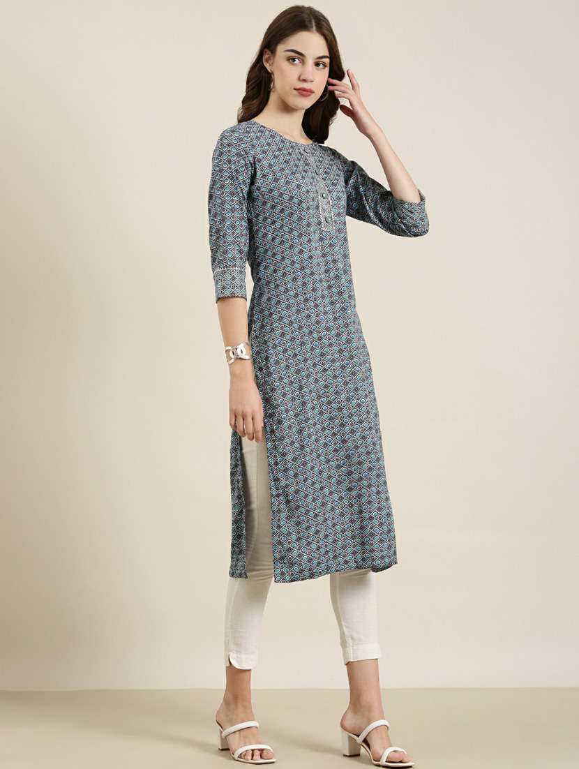 blue bandhani printed straight kurta - 20252550 -  Standard Image - 1