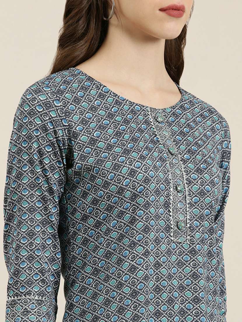 blue bandhani printed straight kurta - 20252550 -  Standard Image - 4