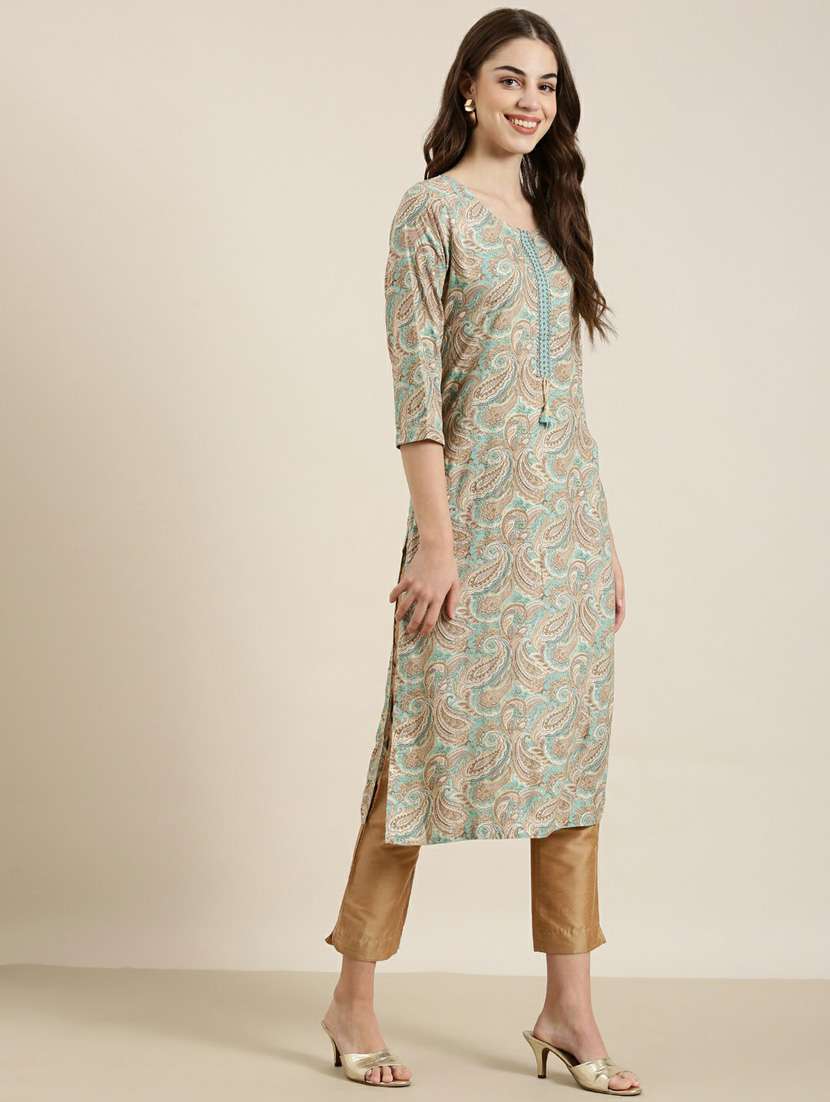 green paisley printed straight kurta - 20252551 -  Standard Image - 1