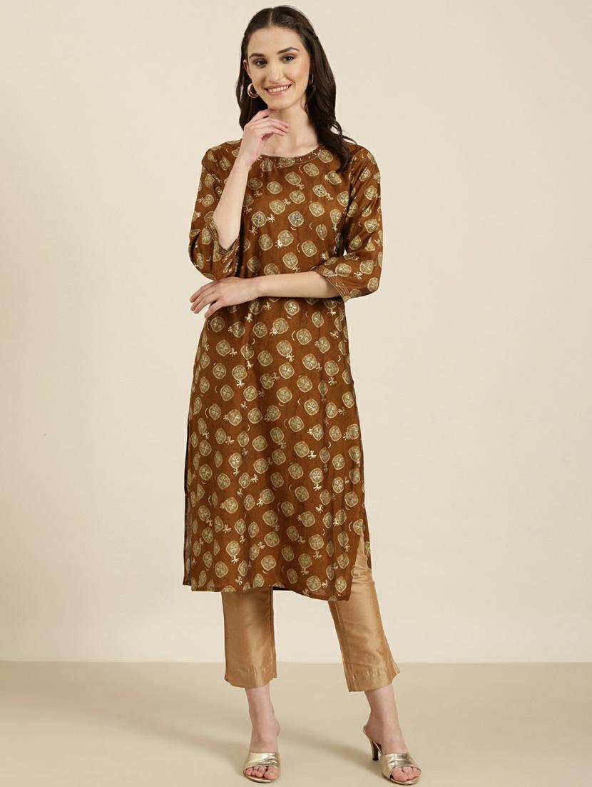 brown bandhani printed straight kurta - 20252560 -  Zoom Image - 0