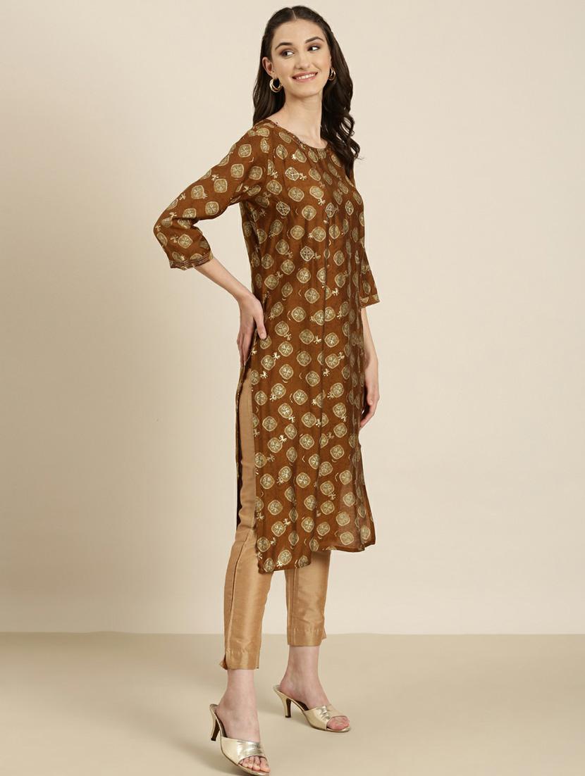 brown bandhani printed straight kurta - 20252560 - Standard Image - 1