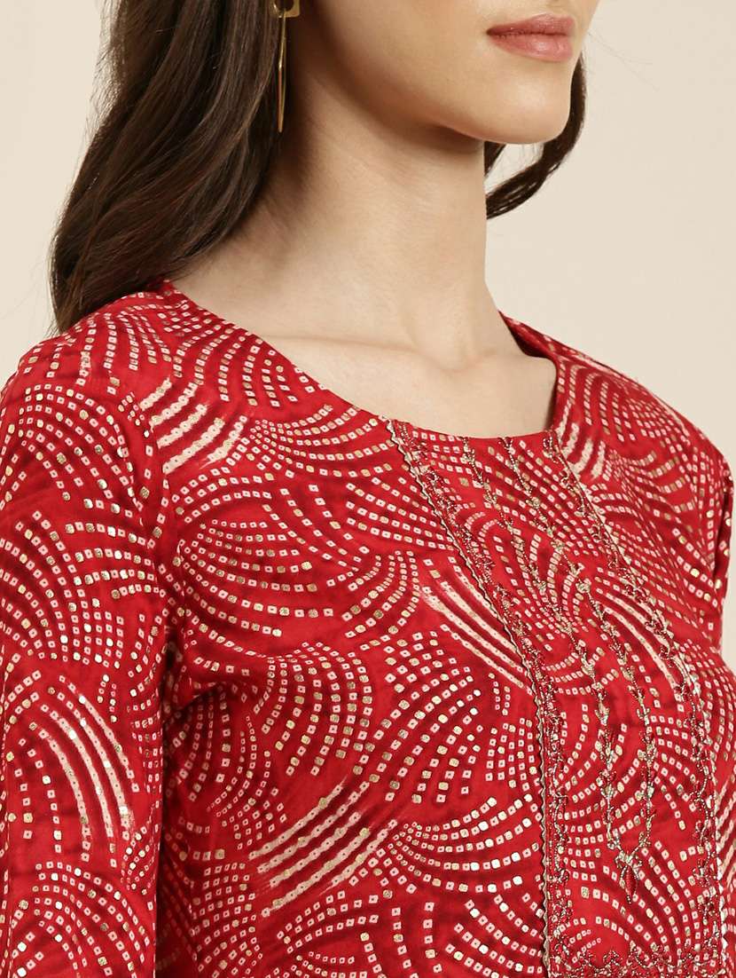 red bandhani printed straight kurta - 20252563 -  Standard Image - 4