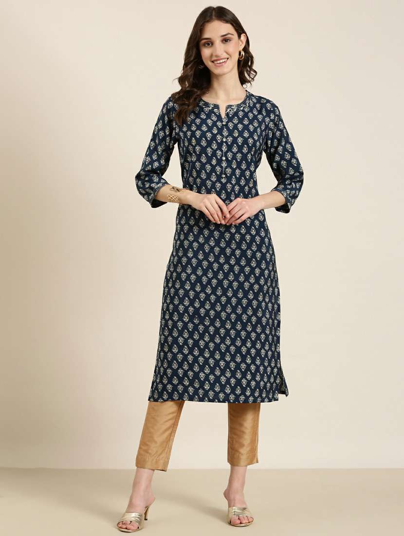 navy blue block printed straight kurta