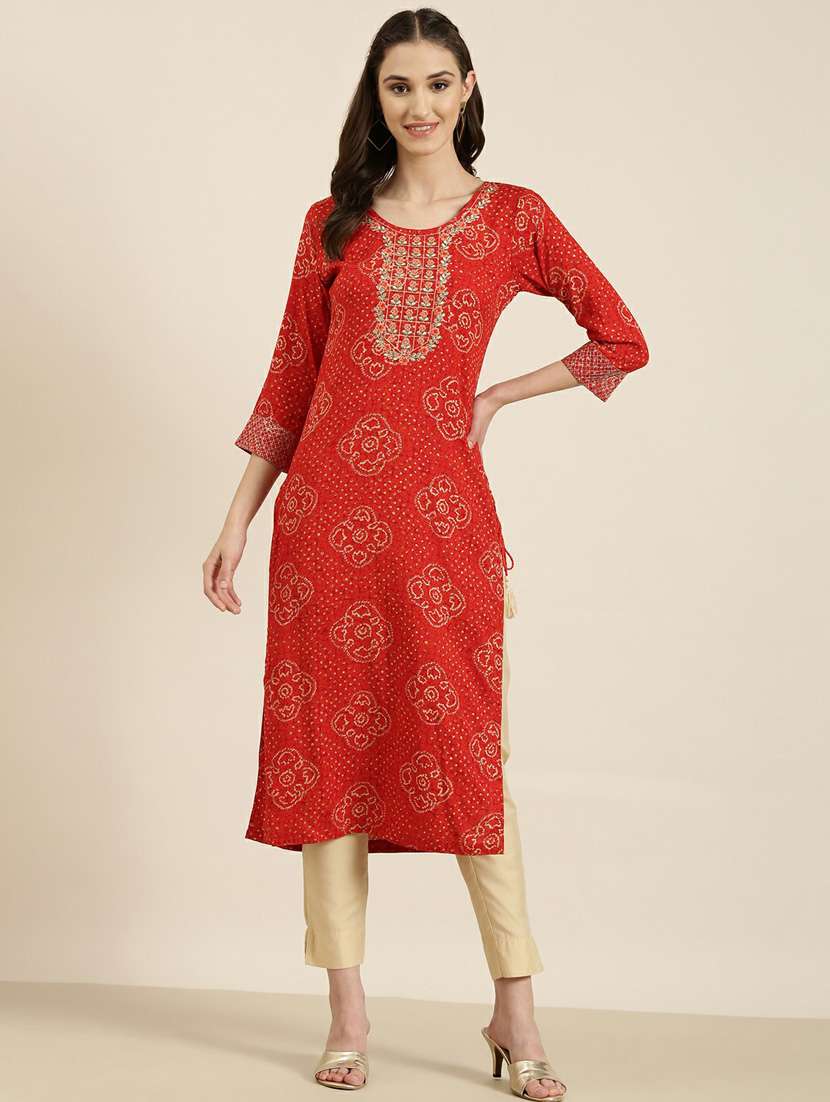 red bandhani printed straight kurta