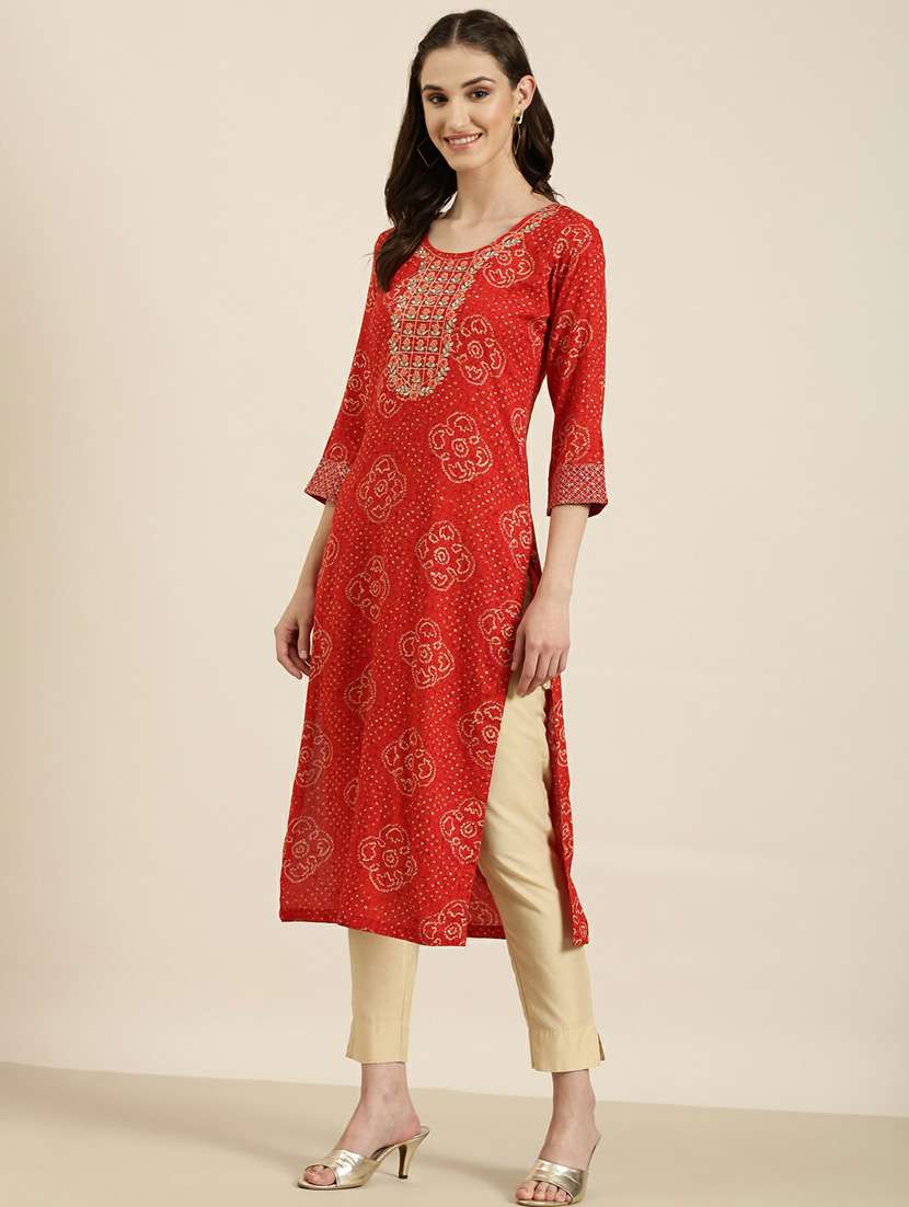 red bandhani printed straight kurta - 20252570 -  Standard Image - 1