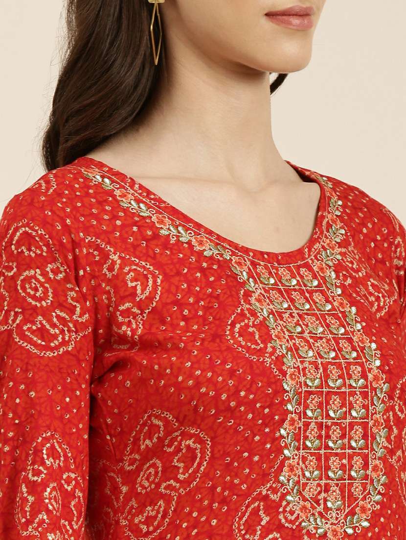 red bandhani printed straight kurta - 20252570 -  Standard Image - 4