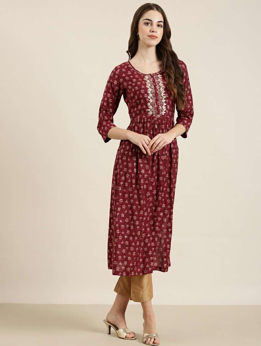 maroon floral printed a-line kurta - 20252571 -  Standard Image - 1