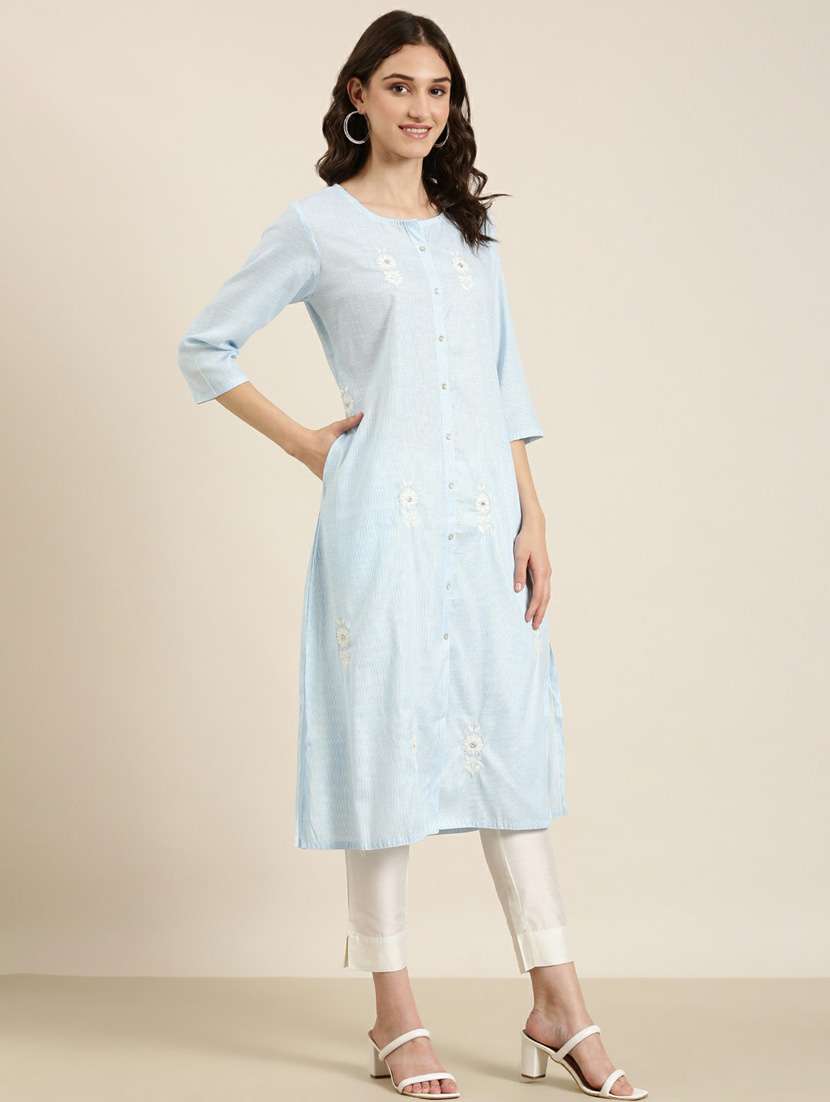 light blue cotton straight kurta - 20252575 -  Standard Image - 1