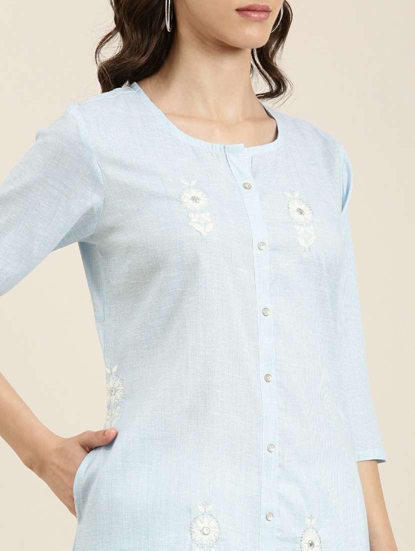 light blue cotton straight kurta - 20252575 -  Standard Image - 4