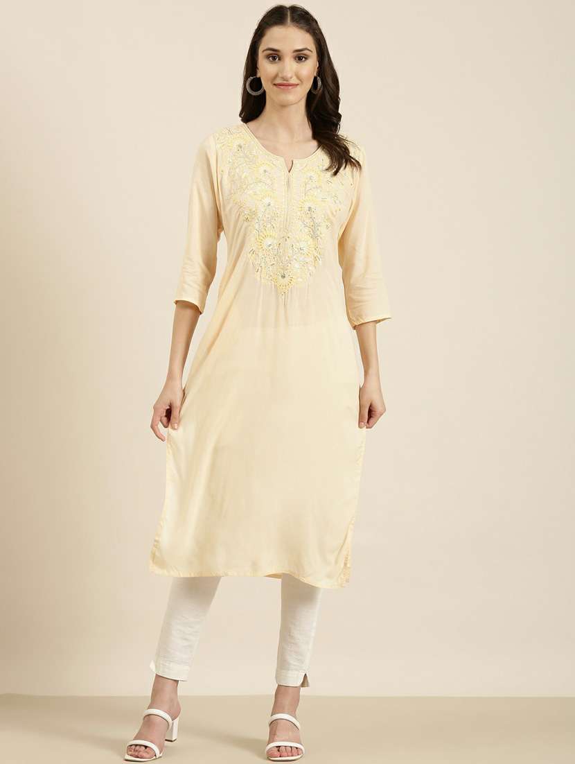women round neck embroidered straight kurta