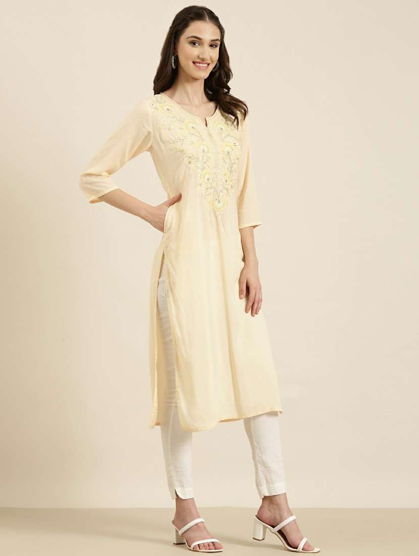 women round neck embroidered straight kurta - 20252576 -  Standard Image - 1