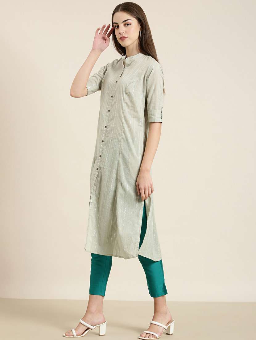green striped front & side both slit kurta - 20252584 -  Standard Image - 1