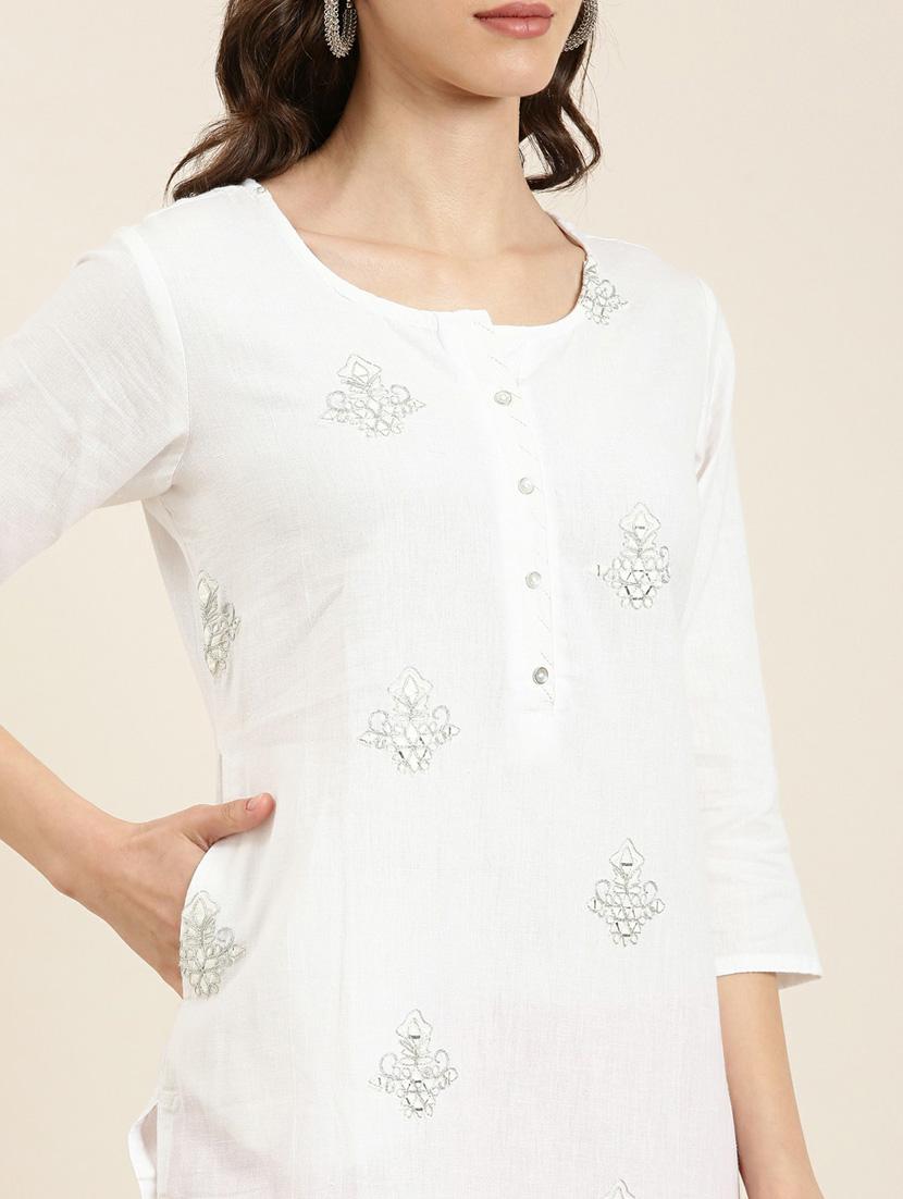 off-white zari work straight kurta - 20252589 - Standard Image - 4