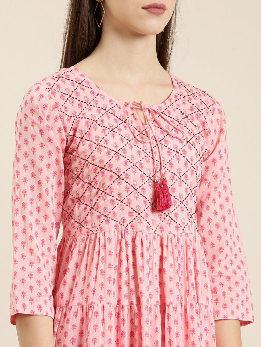 pink floral printed tiered kurta - 20252591 - Standard Image - 4