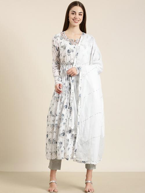 white floral printed flared kurta - 20252593 -  Standard Image - 0