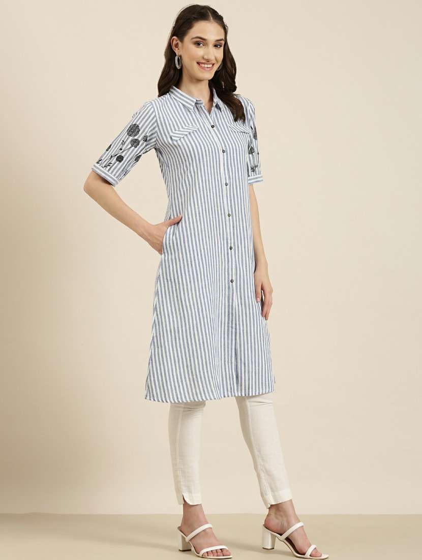 blue striped a-line kurta - 20252612 -  Standard Image - 1