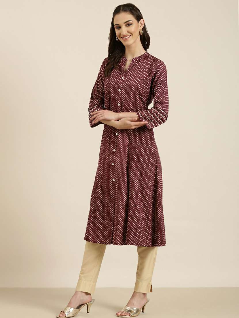 maroon printed a-line kurta - 20252620 -  Standard Image - 1
