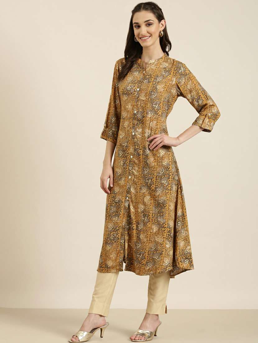 mustard floral a-line kurta - 20252622 -  Standard Image - 1