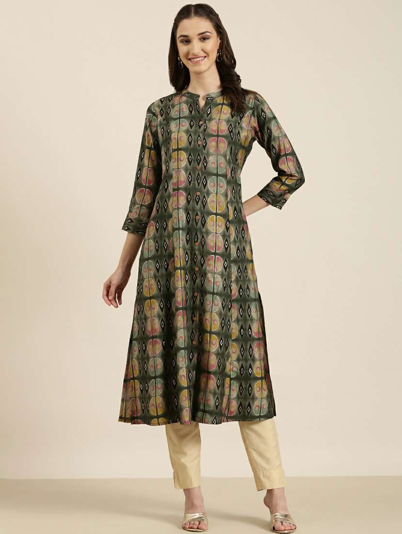 olive foil printed a-line kurta