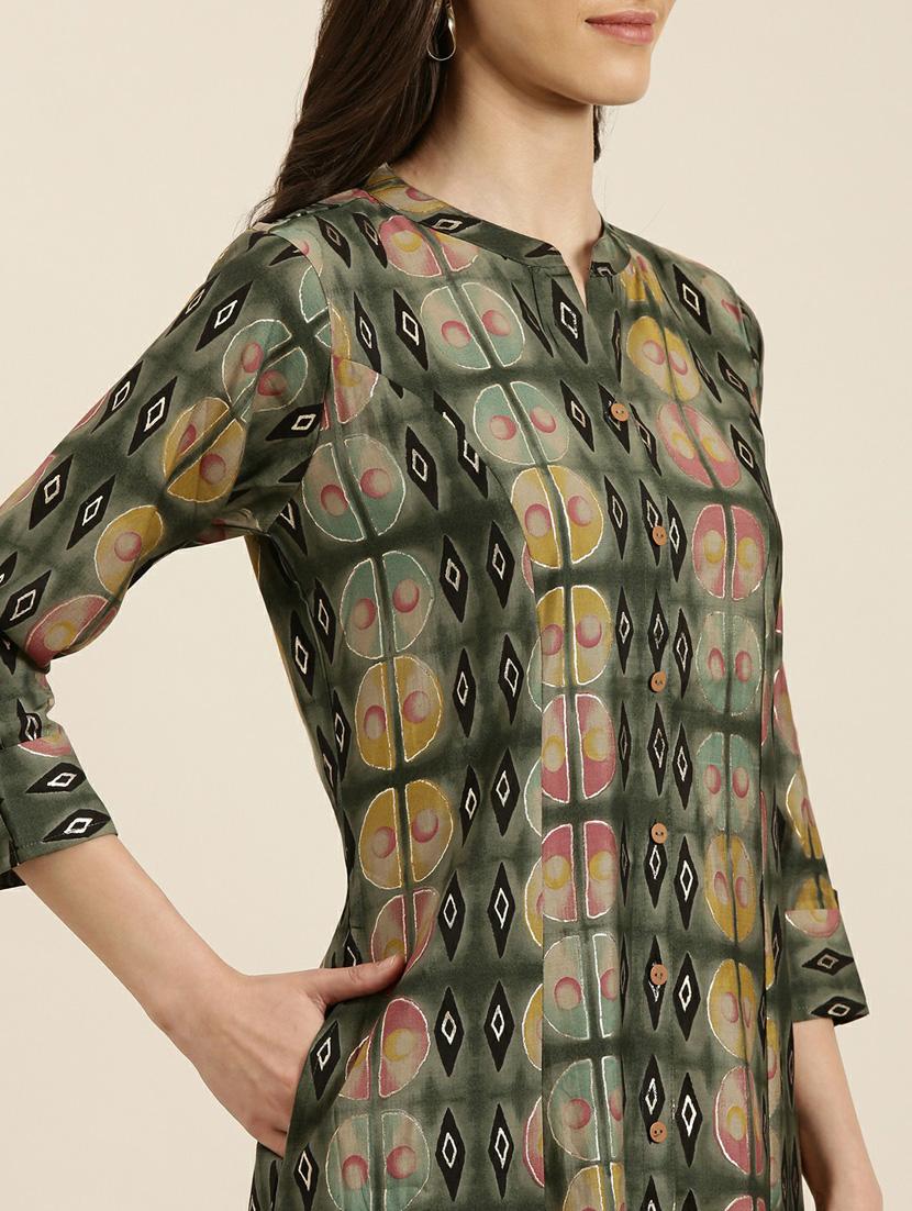 olive foil printed a-line kurta - 20252631 - Standard Image - 4