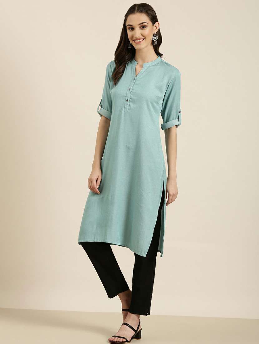 women mandarin neck solid straight kurta - 20252637 -  Standard Image - 1