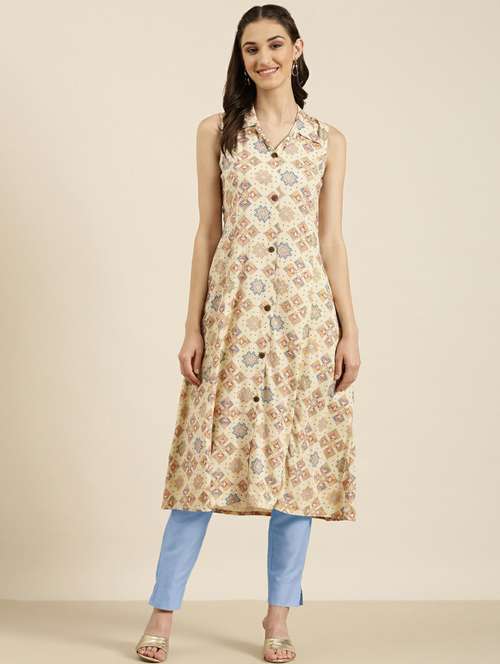beige cotton aline kurta - 20252646 - Standard Image - 0