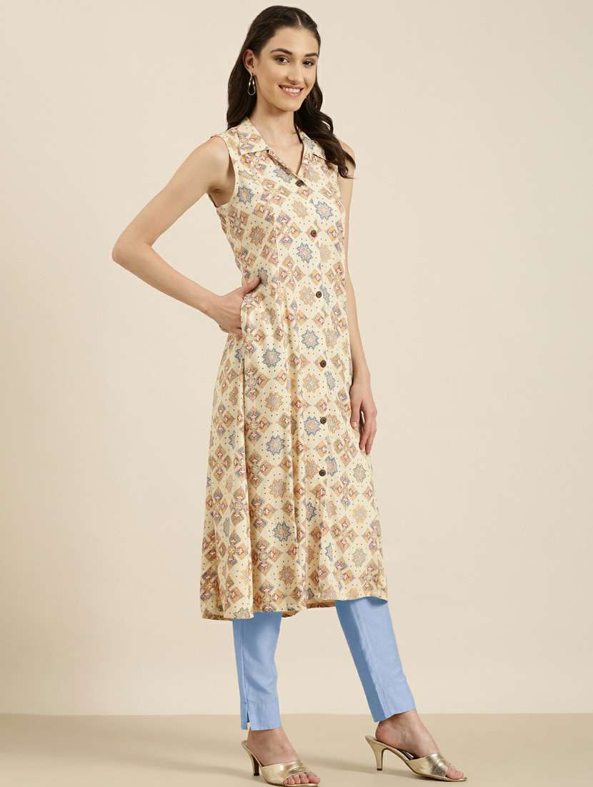 beige cotton aline kurta - 20252646 - Standard Image - 1