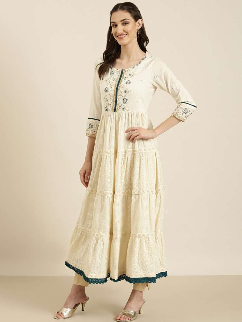 off-white embroidered tiered kurta - 20252647 -  Standard Image - 1