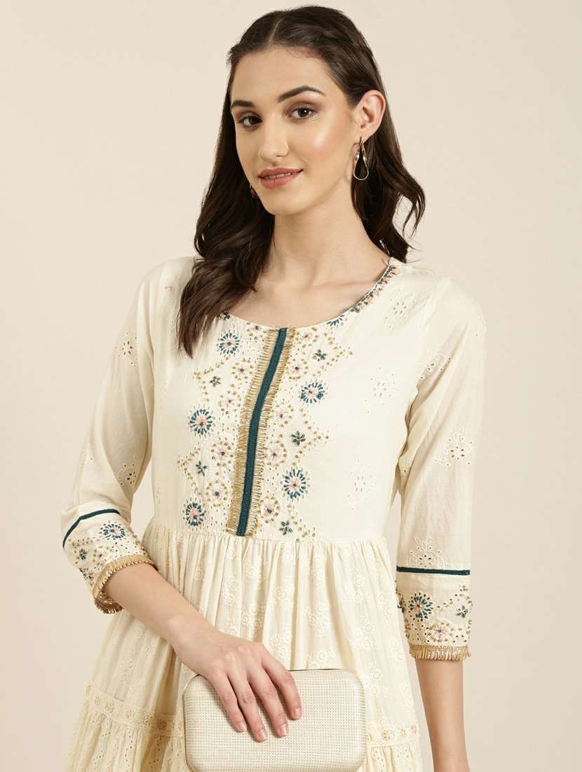 off-white embroidered tiered kurta - 20252647 -  Standard Image - 4