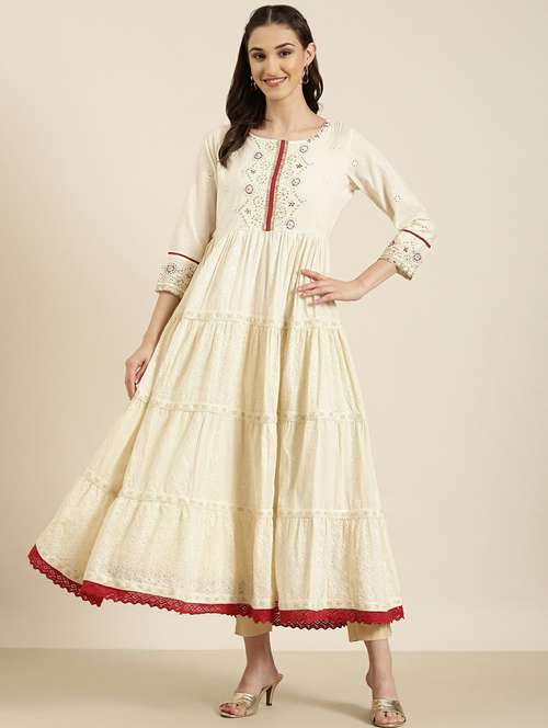 off-white embroidered tiered kurta - 20252648 - Standard Image - 0