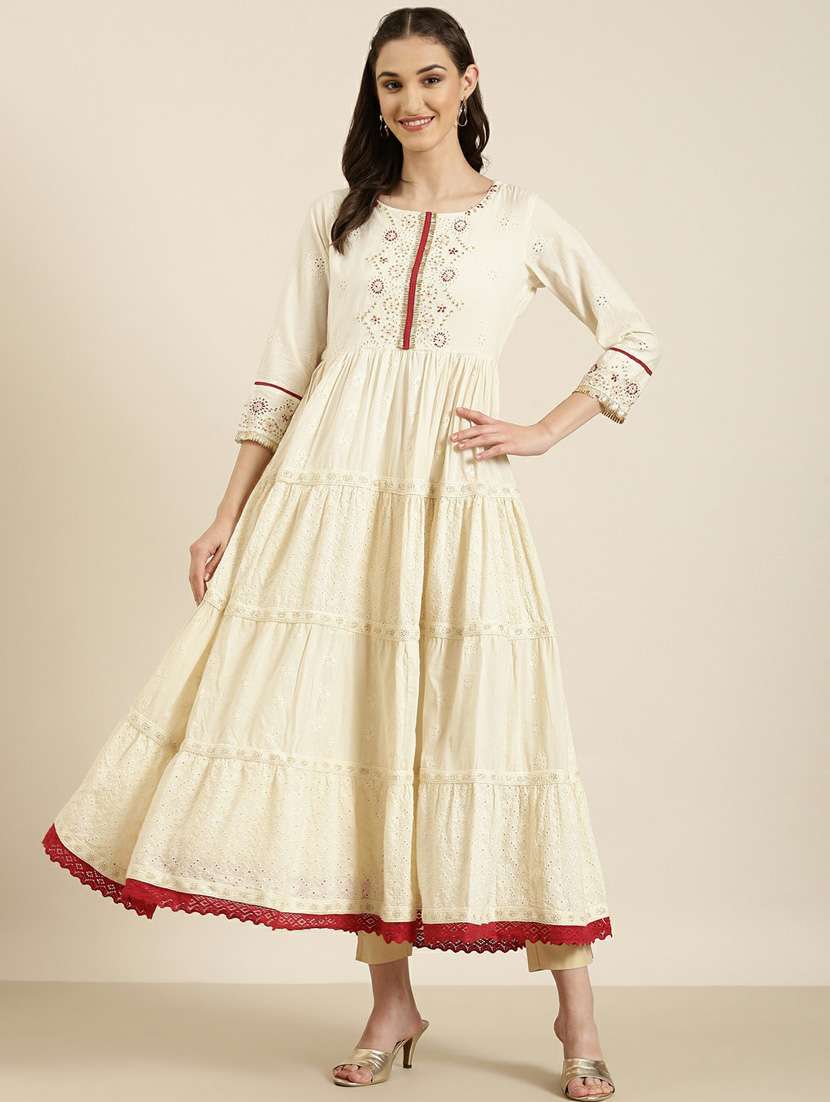 off-white embroidered tiered kurta - 20252648 - Zoom Image - 0