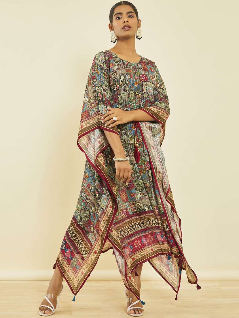 women printed round neck kaftan dress
