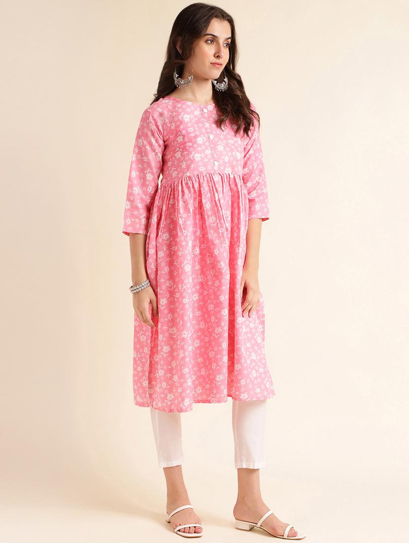 women pink floral printed flared kurta - 20253122 - Standard Image - 1
