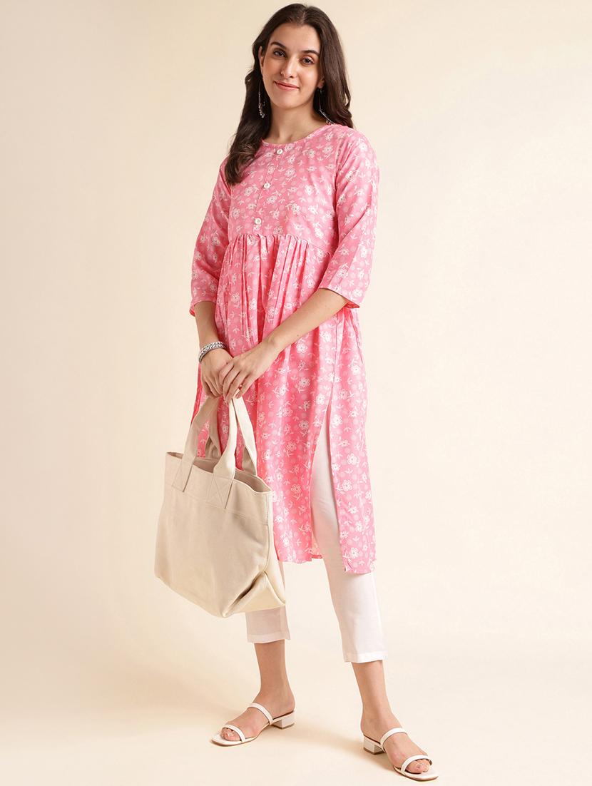 women pink floral printed flared kurta - 20253122 - Standard Image - 4