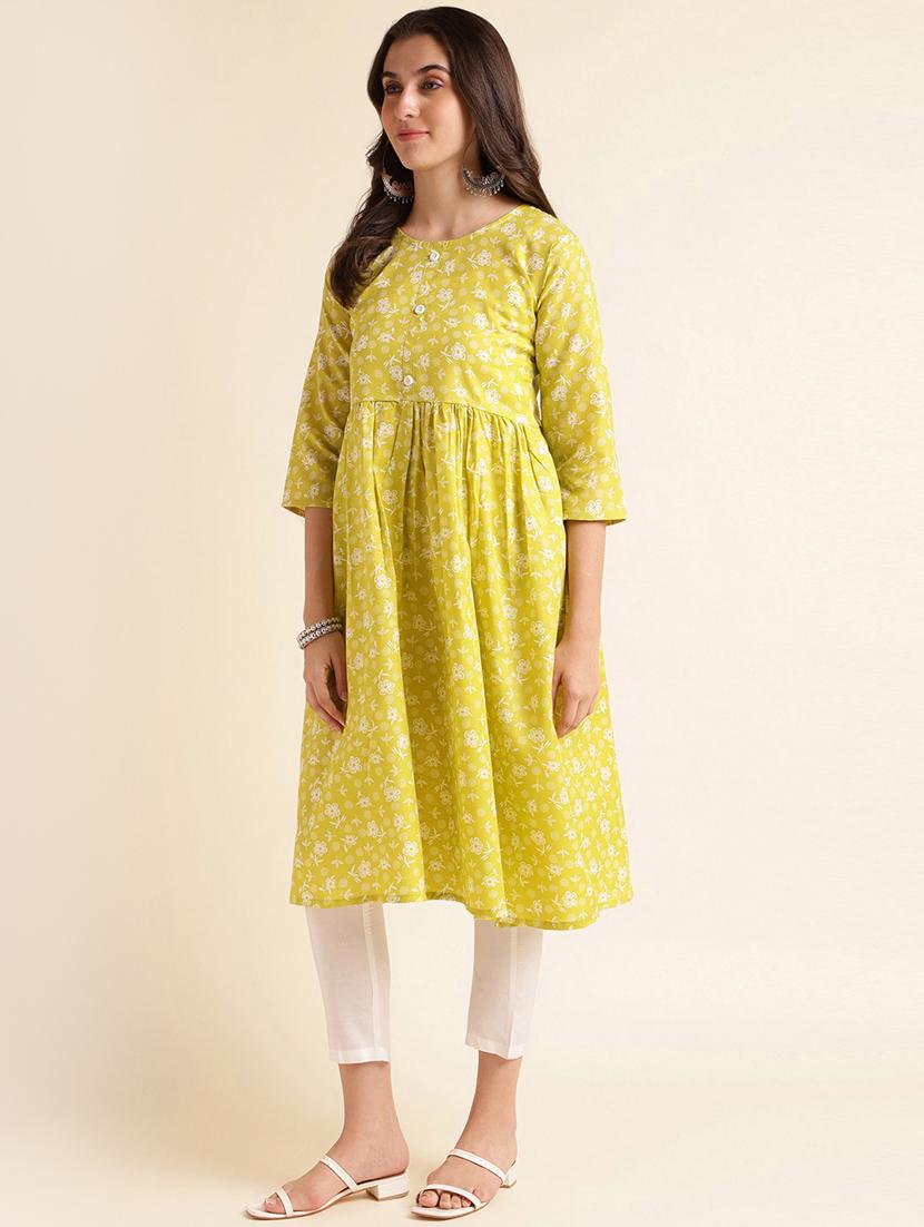 women lime floral printed flared kurta - 20253124 - Standard Image - 1