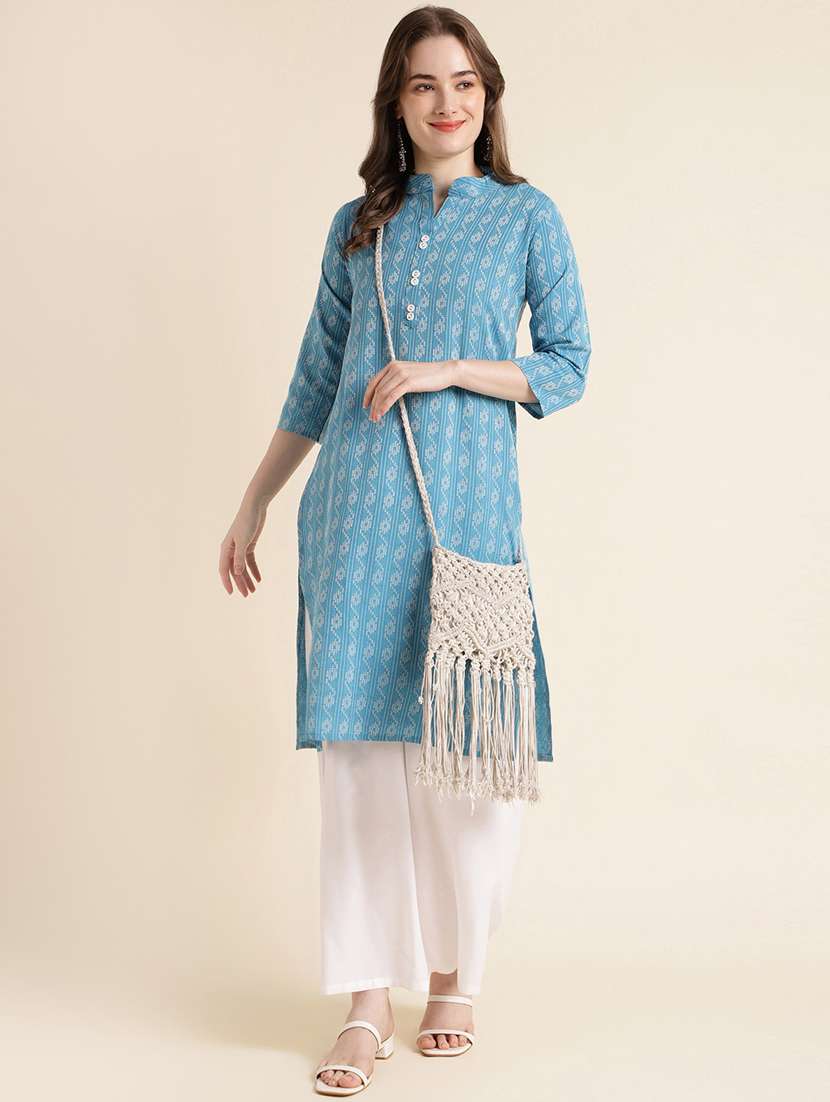 women light blue mandarin neck straight kurta - 20253127 - Standard Image - 4