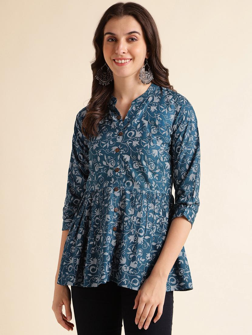 women blue mandarin neck a-line kurti