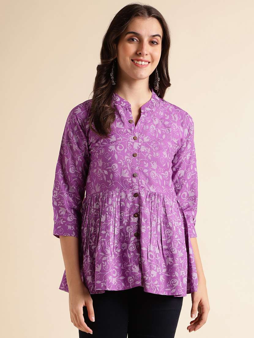 women lavender mandarin neck a-line kurti