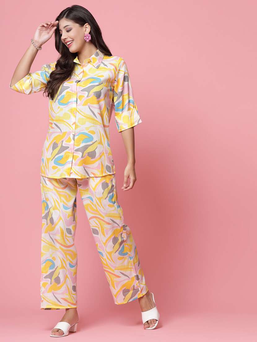 yellow abstract print top and palazzos co-ord set - 20254816 -  Standard Image - 1