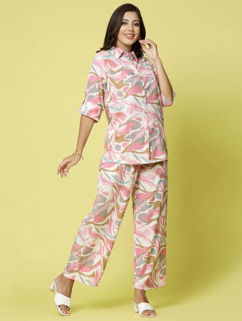 multi colored abstract print top and palazzos co-ord set